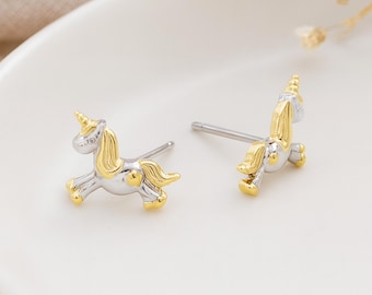 Sterling Silver & Gold Unicorn Stud Earrings – 10mm