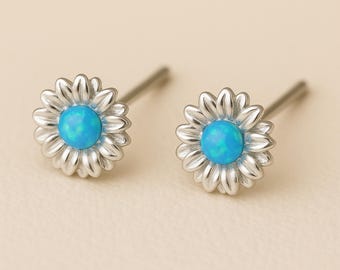 Sterling Silver Blue Opal Daisy Stud Earrings