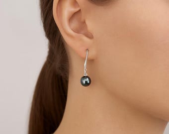 Sterling Silver Black Freshwater Pearl Drop Earrings – 8mm