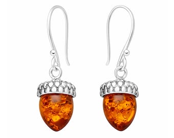 Small Sterling Silver Baltic Amber Acorn Drop Earrings – 7mm