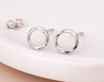 Sterling Silver Organic Open Hoop Stud Earrings – 10mm