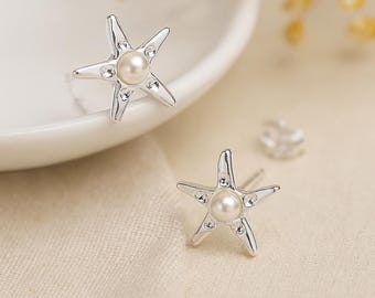 Sterling Silver Pearl Starfish Stud Earrings