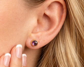 Gold Plated Sterling Silver February Amethyst Birthstone Stud Earrings – 7mm