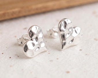 Personalised Hammered Heart Stud Earrings with Sterling Silver Plating