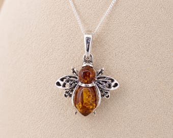 Personalised Sterling Silver Baltic Amber Bee Pendant Necklace