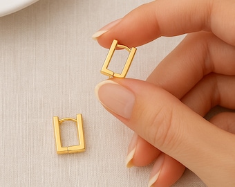 14ct Gold Plated Sterling Silver Rectangle Huggie Hoop Earrings, 15mm