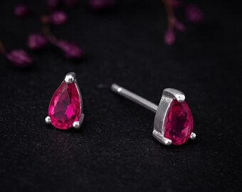 Mini Sterling Silver Teardrop Ruby Stud Earrings