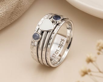 Personalised Sterling Silver Heart & Gemstone Spinner Ring – 10mm