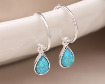 Sterling Silver Teardrop Blue Opal Hoop Earrings
