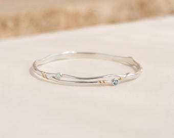Blue Topaz And Opal Bangle in Molten Sterling Silver and Gold
