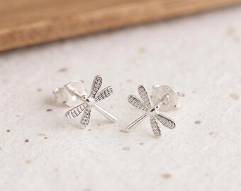Personalised Textured Dragonfly Stud Earrings in Sterling Silver