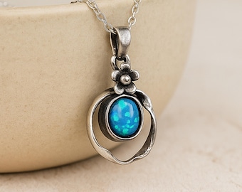 Personalised Molten Sterling Silver Blue Opal Forget Me Not Necklace