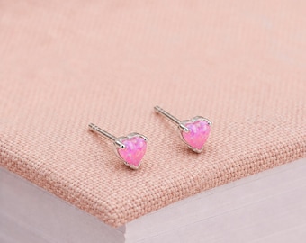 4mm Sterling Silver Pink Opal Heart Stud Earrings