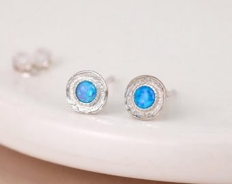 Blue Opal Stud Earrings: Sterling Silver Molten Texture, October Birthstone