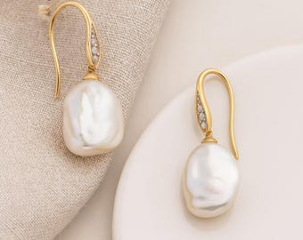 Keshi Pearl Drop Earrings • 9ct Yellow Gold & Natural Diamond • Baroque Pearl Earrings • Fine Jewellery Gift for Her • Elegant Bridal Drops