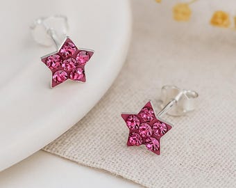 Tiny Sterling Silver Pink Star Stud Earrings