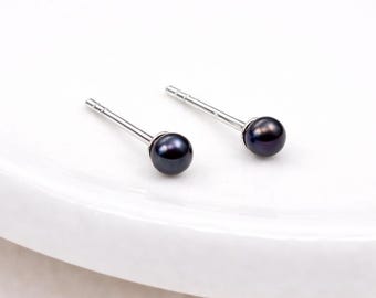 Sterling Silver Black Freshwater Pearl Micro Stud Earrings – 3mm