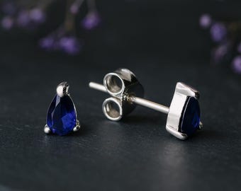 Mini Sterling Silver Teardrop Sapphire Cz Stud Earrings