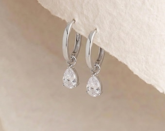 Pear Cut Cubic Zirconia Huggie Hoop Drop Earrings in Sterling Silver