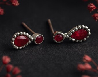 Teardrop Sterling Silver Ruby Stud Earrings
