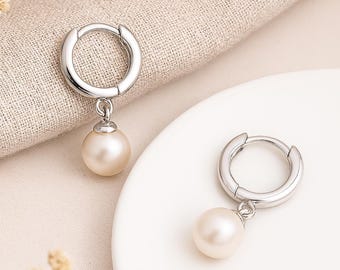 Sterling Silver Round Pearl Huggie Hoop Earrings