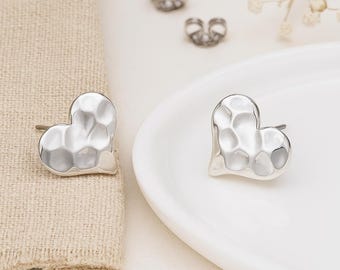 Hammered Heart Studs • Silver Plated Heart Earrings • 12mm Statement Studs • Textured Heart Gift for Her •