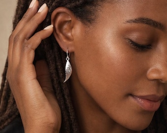 Hammered Sterling Silver Leaf Earrings: Minimalist Nature Jewelry