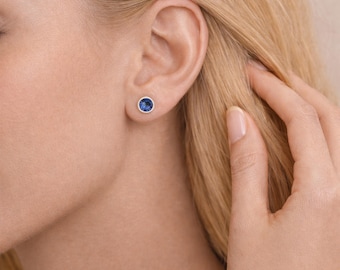 Sterling Silver September Sapphire Birthstone Stud Earrings – 7mm