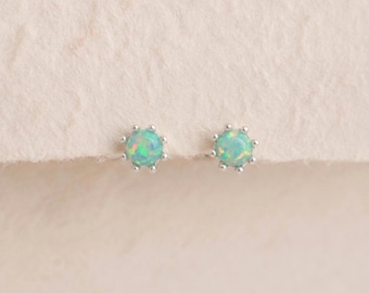 Personalised Tiny Aqua Green Opal Stud Earrings In Sterling Silver