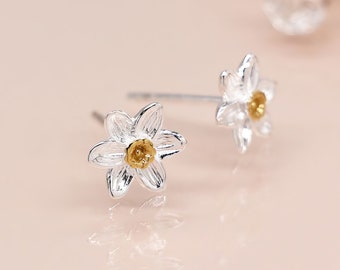 Sterling Silver And Gold Daffodil Stud Earrings: March Birth Flower – 6mm