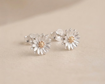 September Aster Birth Flower Stud Earrings In Sterling Silver and Gold