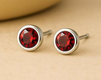 Sterling Silver July Ruby Birthstone Stud Earrings