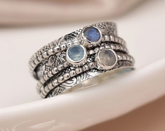 Personalised Sterling Silver Labradorite and Moonstone Spinner Ring
