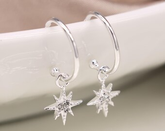 Sterling Silver Star Charm Half Hoop Earrings