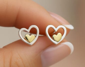Sterling Silver Double Heart Stud Earrings