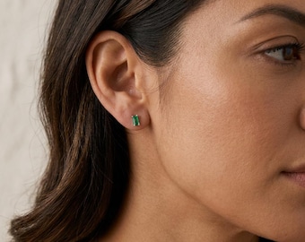 Personalised Rectangle Emerald Stud Earrings In Sterling Silver