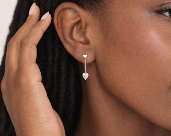 Sterling Silver Double Heart Stud Drop Earrings – 6mm