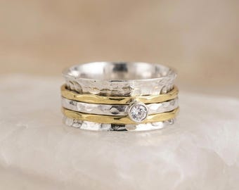 Personalised Wide Cubic Zirconia Spinner Ring In Sterling Silver