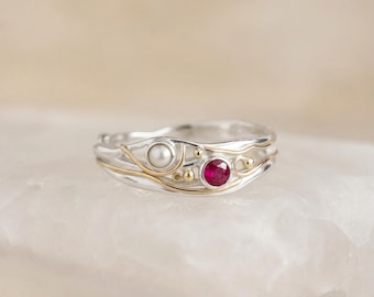 Ruby and Pearl Engagement Ring in Molten Sterling Silver and Gold