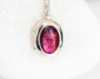 Personalised Genuine Pink Tourmaline Locket in Sterling Silver, Two Photo Locket, Engraved Locket, Keepsake Memorial Jewellery Necklace