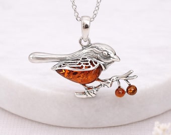 Personalised Sterling Silver Baltic Amber Robin Pendant Necklace