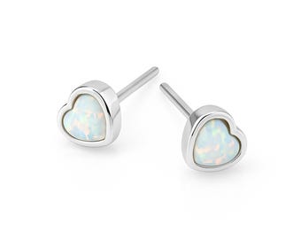 Sterling Silver White Opal Heart Stud Earrings – 5mm