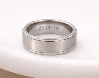 Mens Personalised Brushed Stainless Steel Wide Spinner Ring – 8mm
