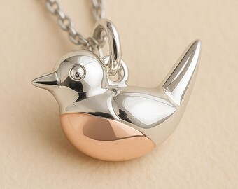 Personalised Tiny Sterling Silver and Rose Gold Robin Necklace