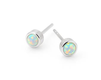 Sterling Silver White Opal Micro Stud Earrings: October Birthstone, 4mm