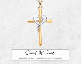 Heart Cross Necklace in 9ct Mixed Gold, Eternal Faith, 9ct White Gold Heart, 9ct Yellow Gold Cross, Religious Jewellery