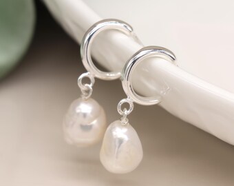 Sterling Silver Freshwater Pearl Half Hoop Earrings
