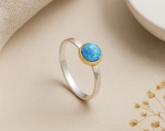 Hammered Blue Opal Ring • Sterling Silver 6mm Opal Gemstone Ring • October Birthstone Gift • Solitaire •