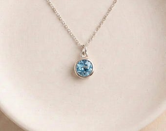 Tiny Personalised March Aquamarine Birthstone Pendant Necklace In Sterling Silver