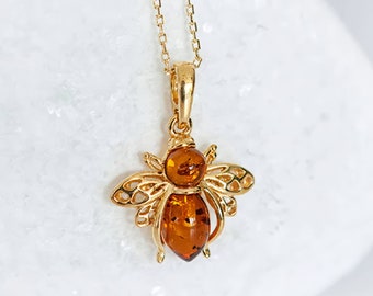 18ct Gold Plated Baltic Amber Bee Necklace